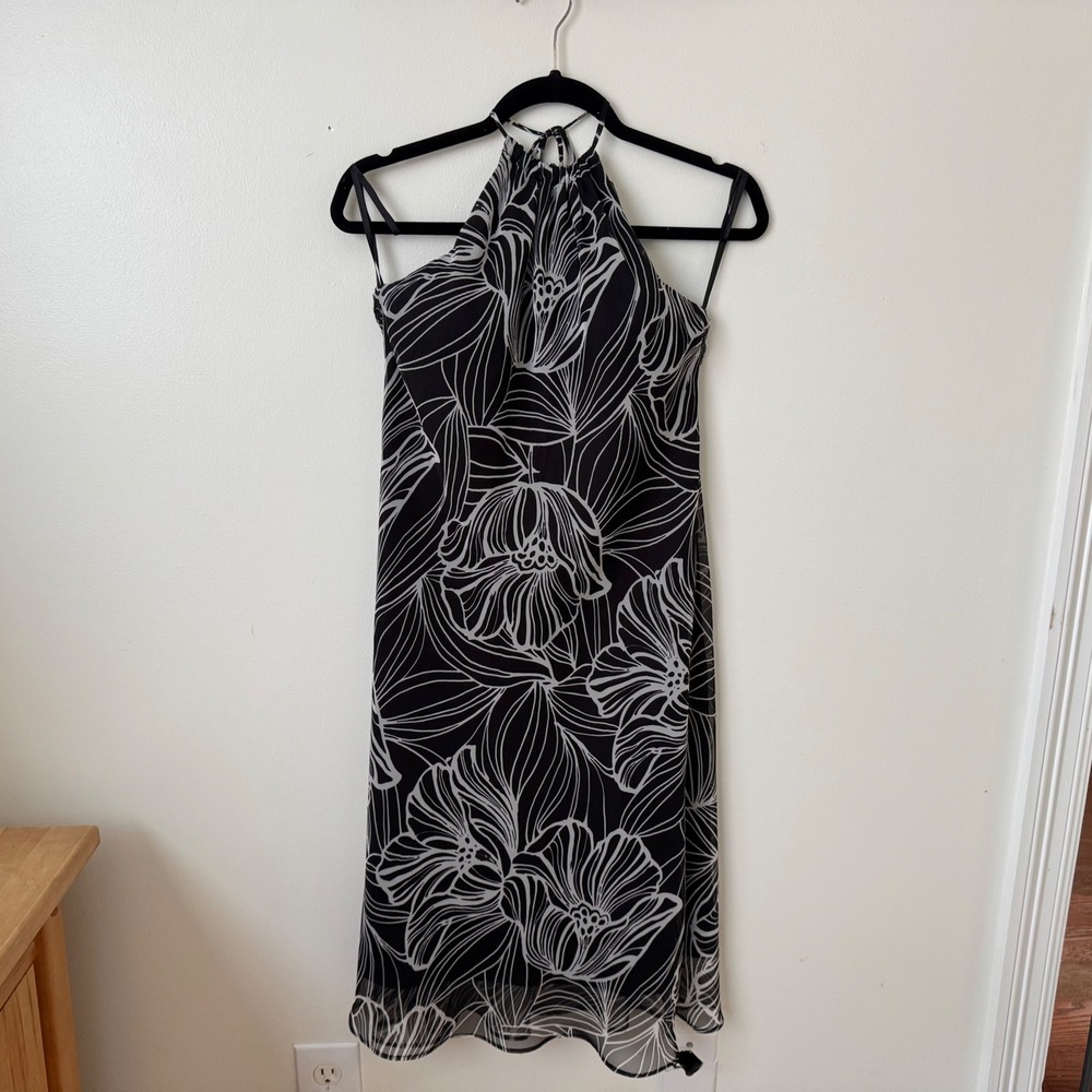 Madison Leigh Black White Floral Halter Dress Midi Chiffon Overlay Y2K Size 8 - Picture 2 of 8